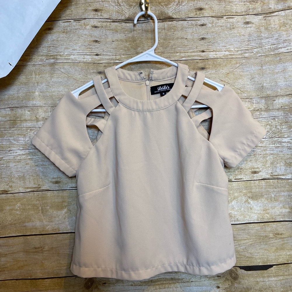 Lulu's Neutral Cutout Shoulder Top - Beige
